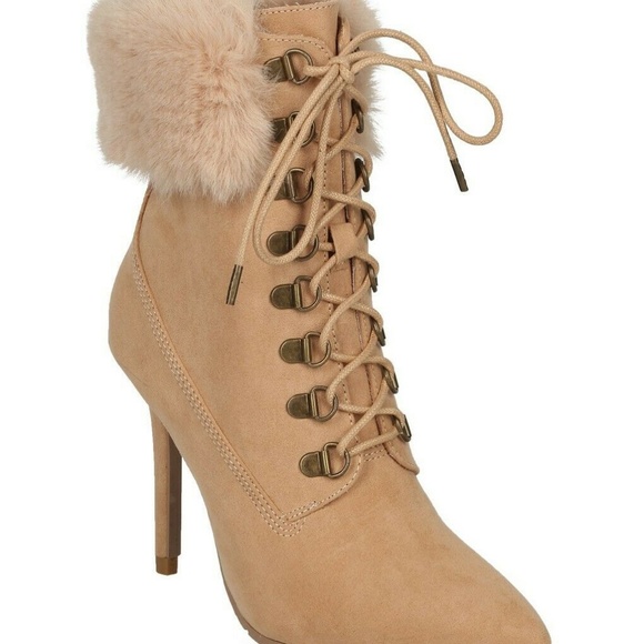 Qupid Suede Faux Fur Collar Stiletto Ankle Boots - Picture 3 of 5